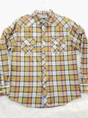 Phat Farm Shirt Mens Medium White Yellow Plaid Patches Long Sleeve Button-Up